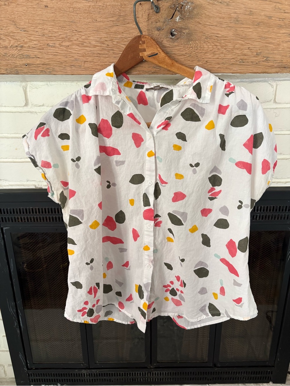 Lilla P White Short-Sleeve Button Down Blouse with Pink, Olive & Yellow Print